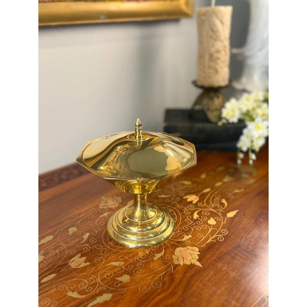 Vintage Solid Brass Lidded Pedestal Bowl • Octagonal Compote